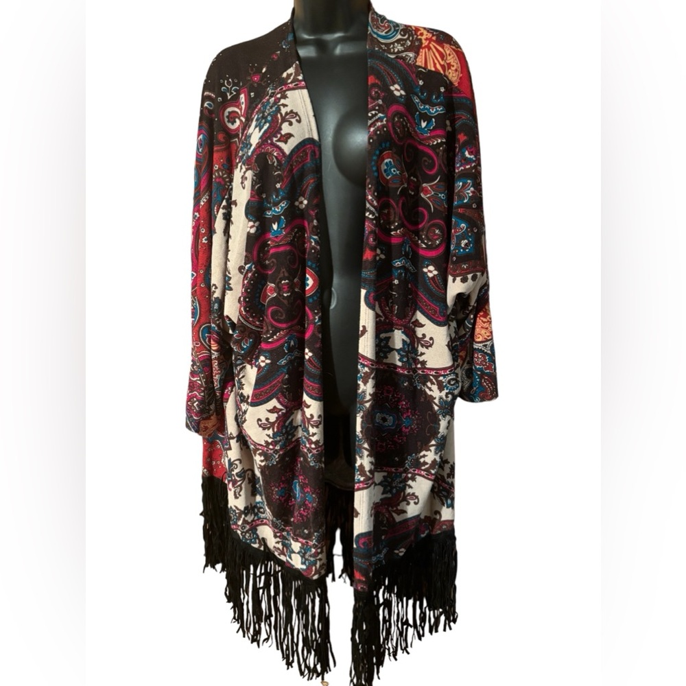 Lily Pad bohemian print cardigan with fringe
